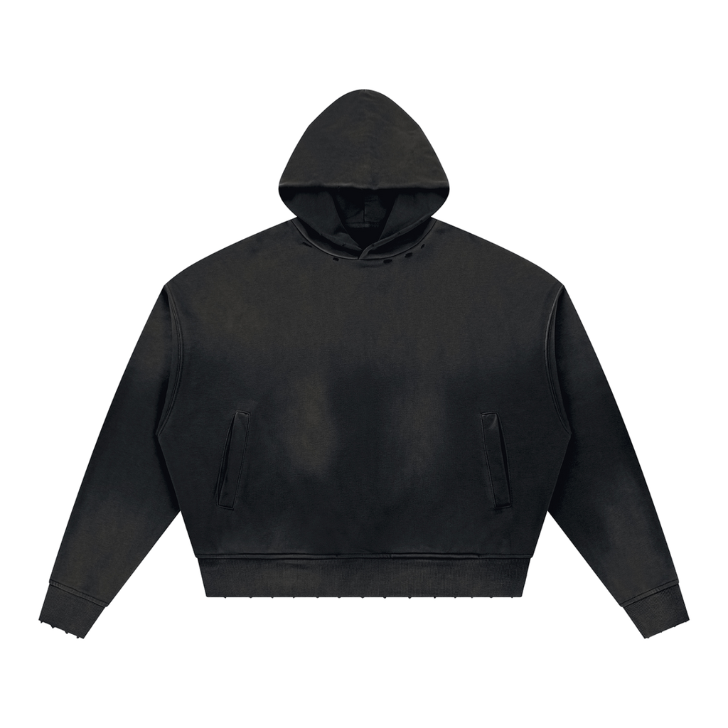 MIROLYUB Unisex Sunfade Distressed Boxy Hoodie — Black, front view