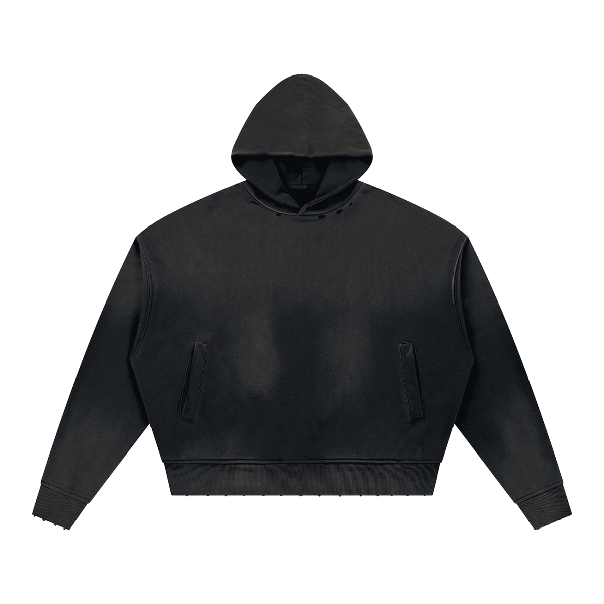 MIROLYUB Unisex Sunfade Distressed Boxy Hoodie — Black, front view