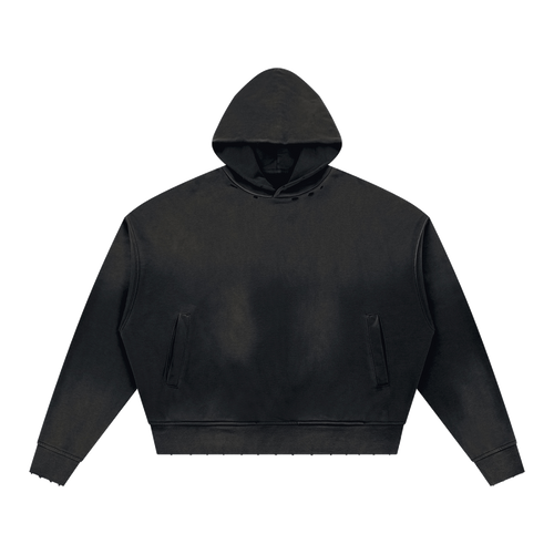 MIROLYUB Unisex Sunfade Distressed Boxy Hoodie — Black, front view