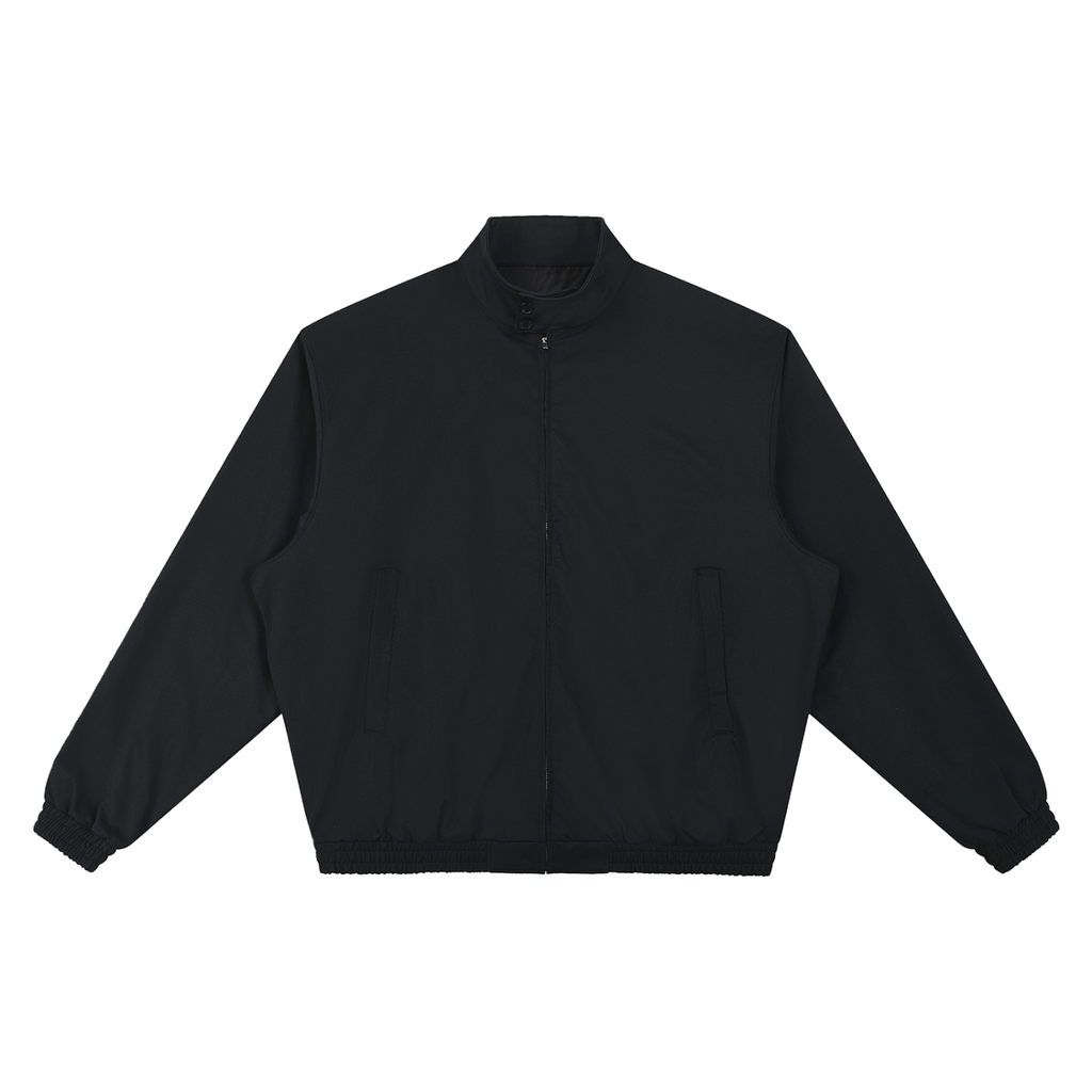 MIROLYUB Transit stand-collar bomber in Black, front view.