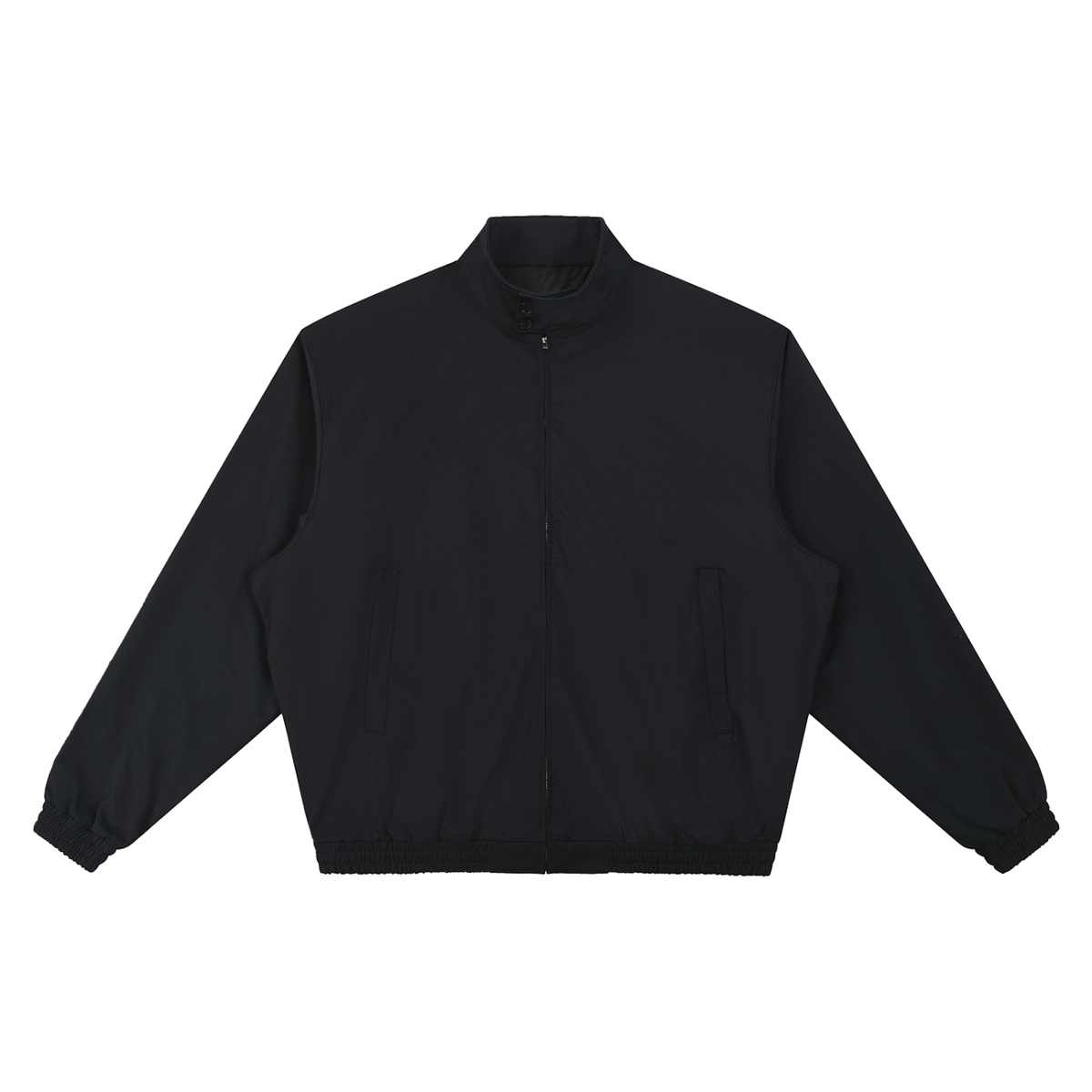 MIROLYUB Transit stand-collar bomber in Black, front view.