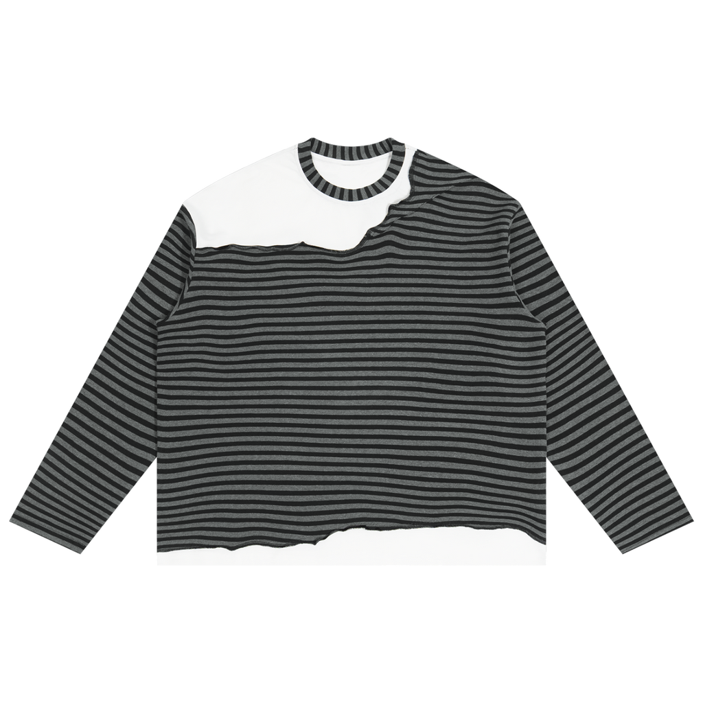 MIROLYUB Unisex Striped Panel Boxy Long Sleeve T-Shirt — Black with Flower Gray, front view