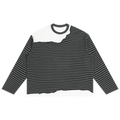 MIROLYUB Unisex Striped Panel Boxy Long Sleeve T-Shirt — Black with Flower Gray, front view