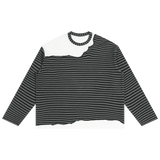 MIROLYUB Unisex Striped Panel Boxy Long Sleeve T-Shirt — Black with Flower Gray, front view