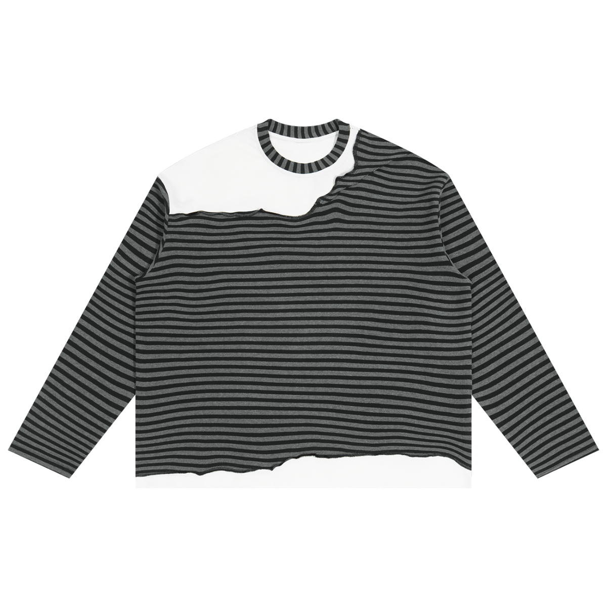 MIROLYUB Unisex Striped Panel Boxy Long Sleeve T-Shirt — Black with Flower Gray, front view
