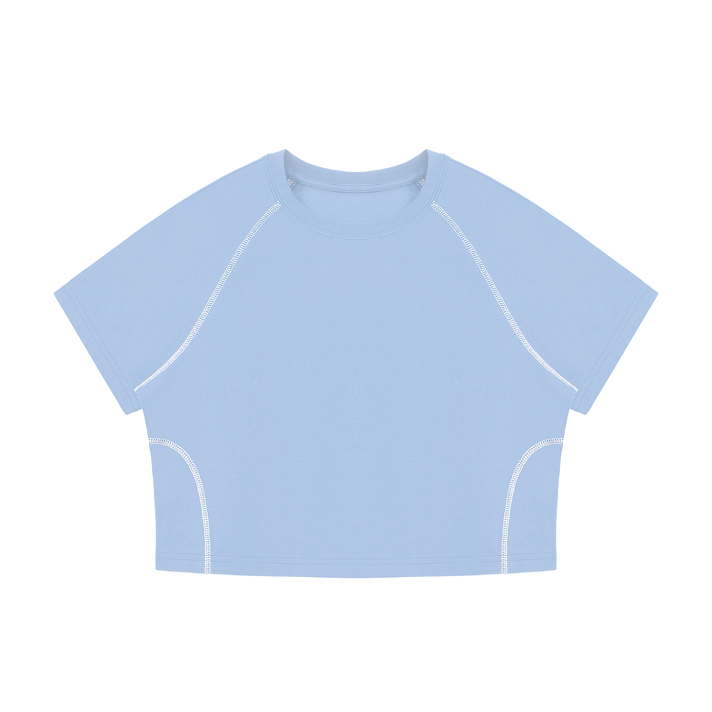 MIROLYUB Women's Contrast Stitch Raglan Crop T-Shirt — Sky Blue — front view
