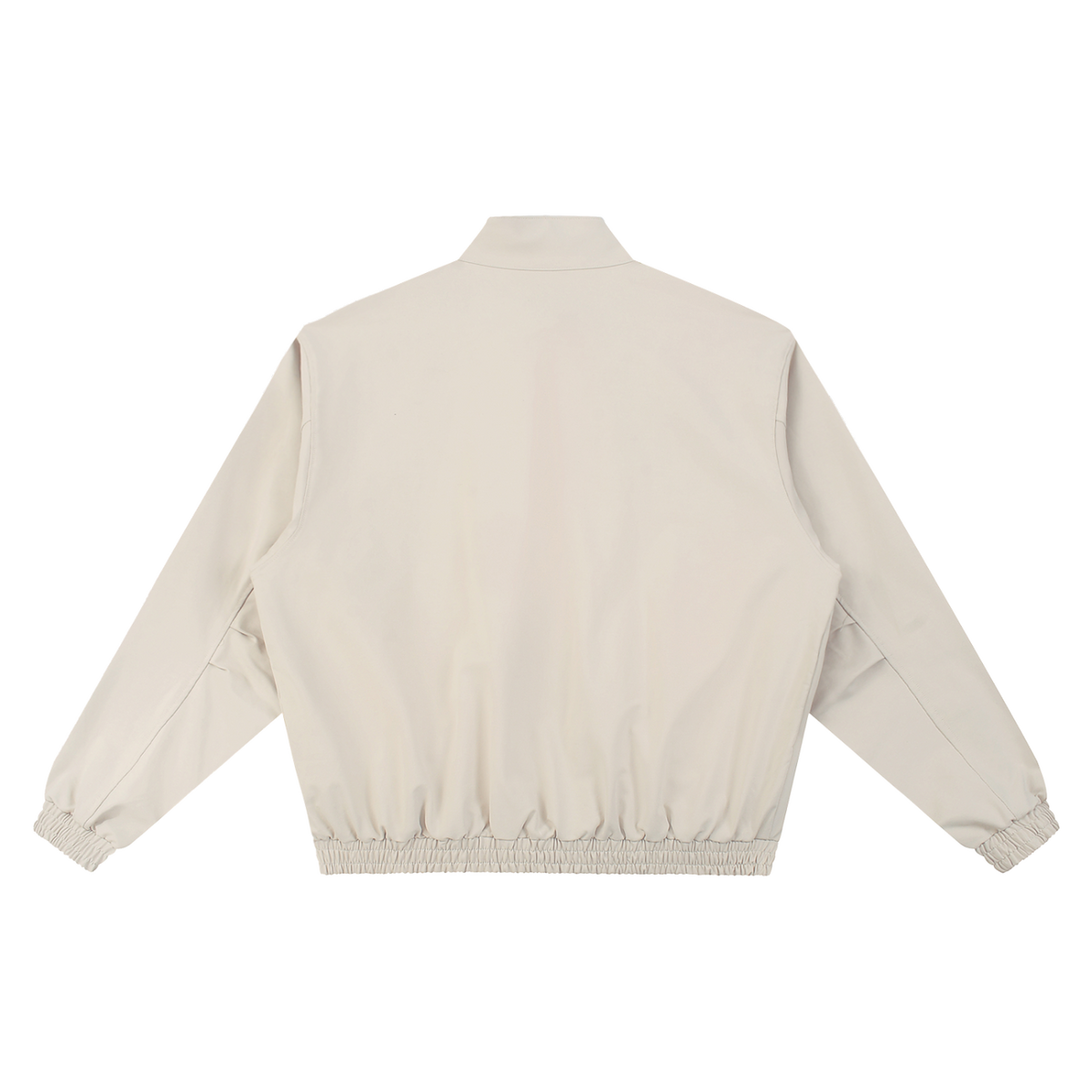 MIROLYUB Transit stand-collar bomber in Gray Camel, back view.