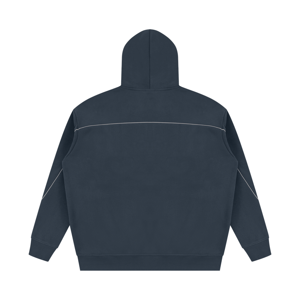 MIROLYUB Hush Oversized Piping Hoodie in Navy Blue, back view.