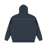 MIROLYUB Hush Oversized Piping Hoodie in Navy Blue, back view.