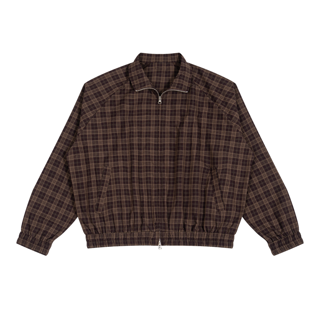 MIROLYUB Grid Plaid Zip Track Jacket in Red Plaid, front view.