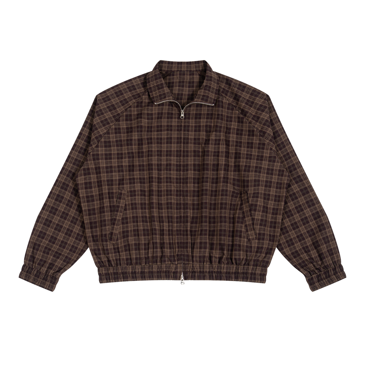 MIROLYUB Grid Plaid Zip Track Jacket in Red Plaid, front view.