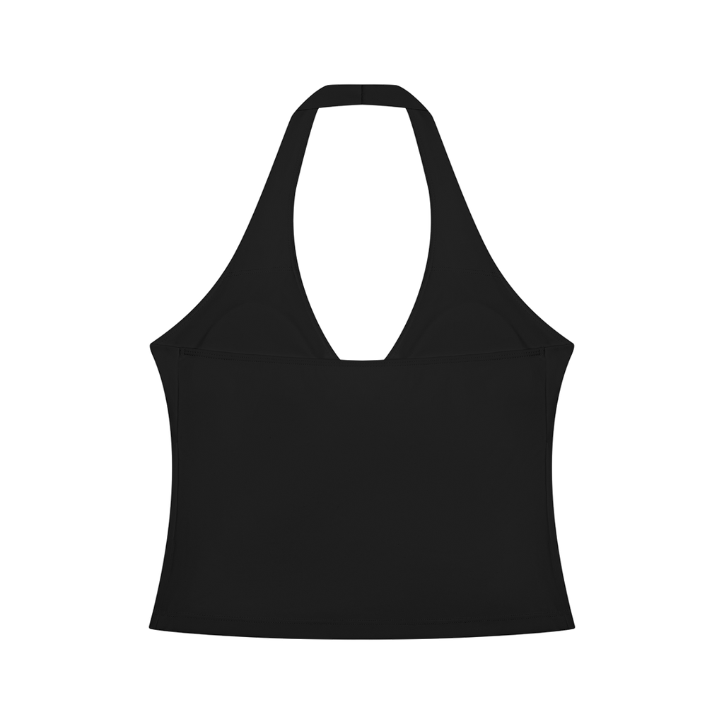 MIROLYUB Women’s Ruched Halter Yoga Tank Top — Black, back view