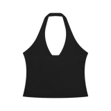 MIROLYUB Women’s Ruched Halter Yoga Tank Top — Black, back view