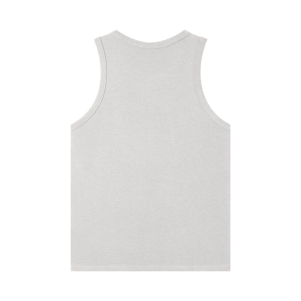 MIROLYUB Tension heavyweight ribbed tank in Flower Gray, back view.