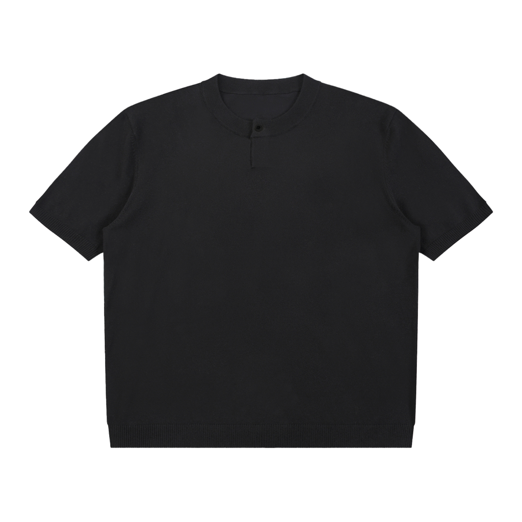 MIROLYUB Cadence Knit Henley Tee in Black, front view.