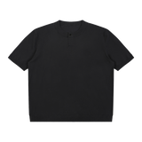 MIROLYUB Cadence Knit Henley Tee in Black, front view.