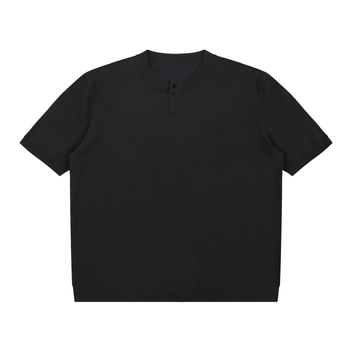 MIROLYUB Cadence Knit Henley Tee in Black, front view.