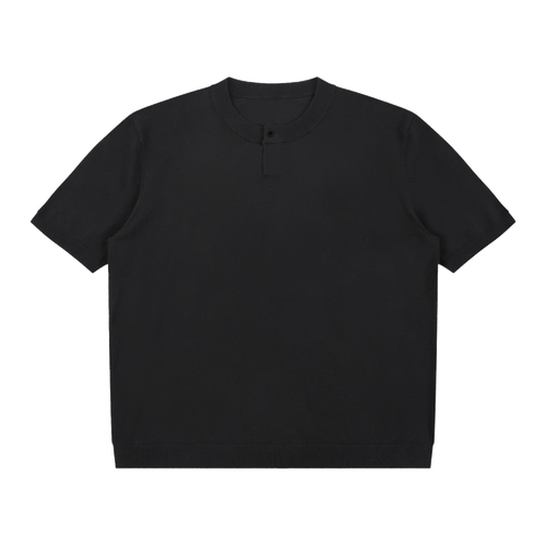 MIROLYUB Cadence Knit Henley Tee in Black, front view.