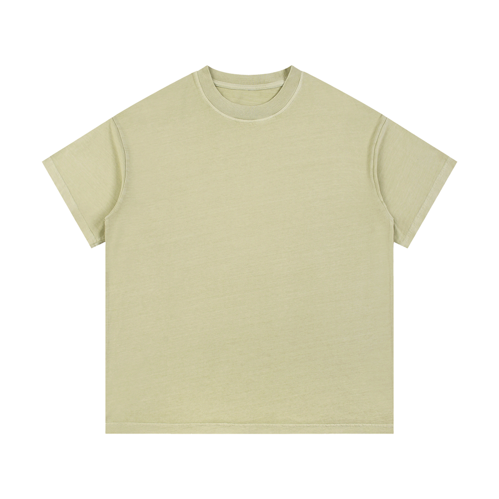 MIROLYUB Palimpsest vintage-wash cotton tee in Bean Green, front view with a relaxed body and dropped shoulders