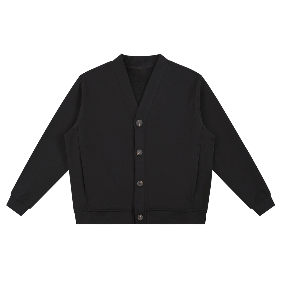 MIROLYUB Cloister heavyweight fleece cardigan in Black, front view.