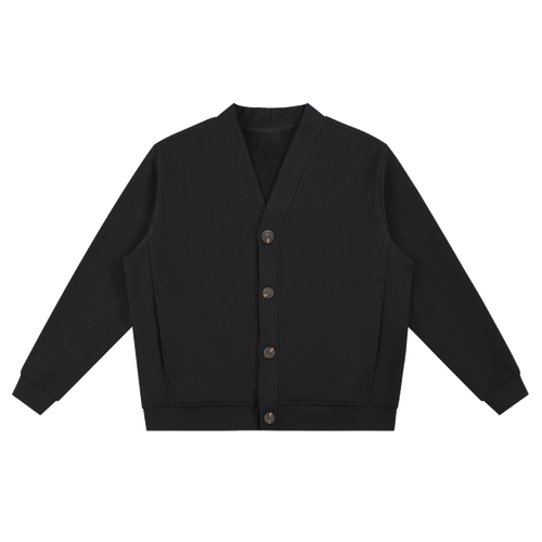 MIROLYUB Cloister heavyweight fleece cardigan in Black, front view.
