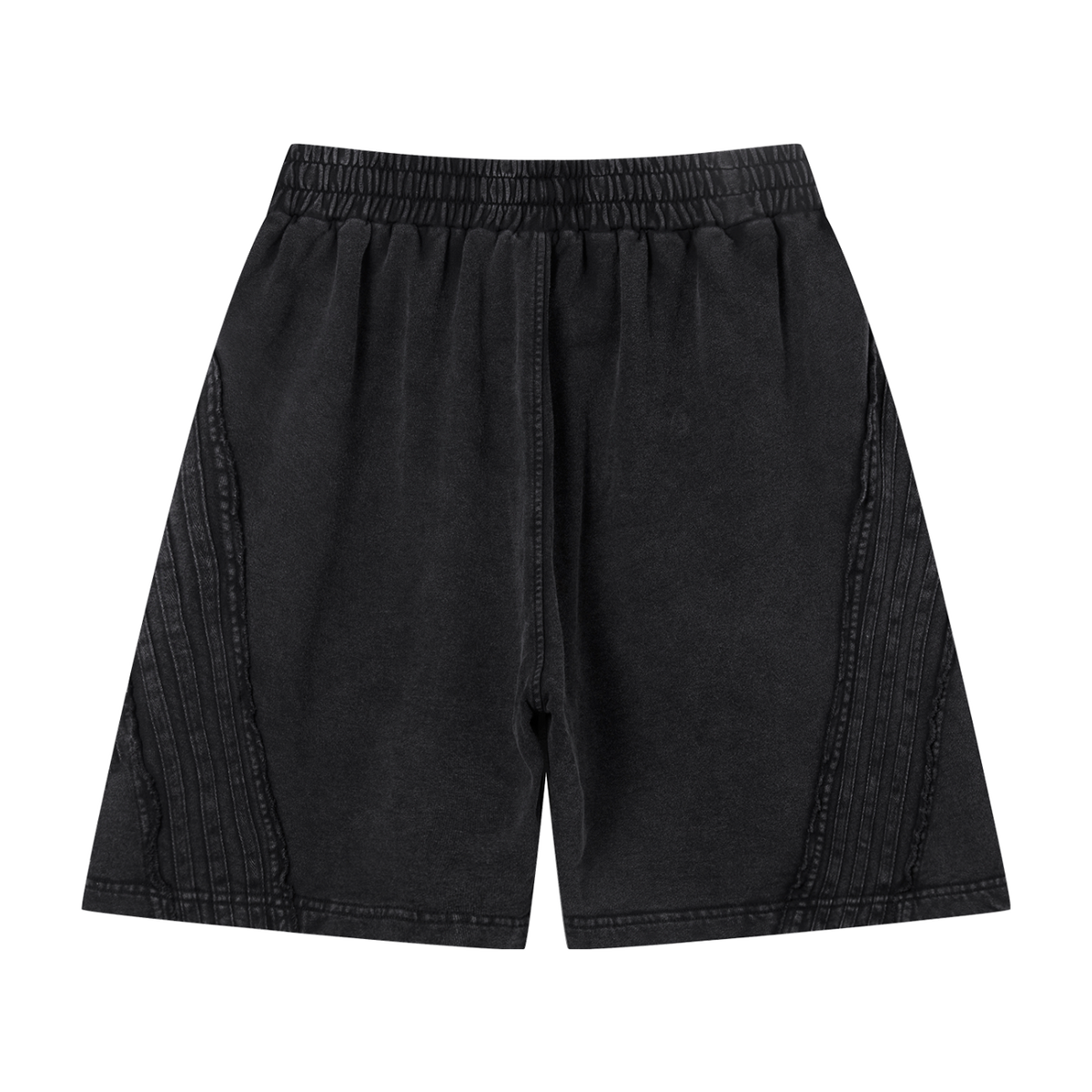 MIROLYUB Unisex Vintage Wash Raw Edge Shorts — Black, back view