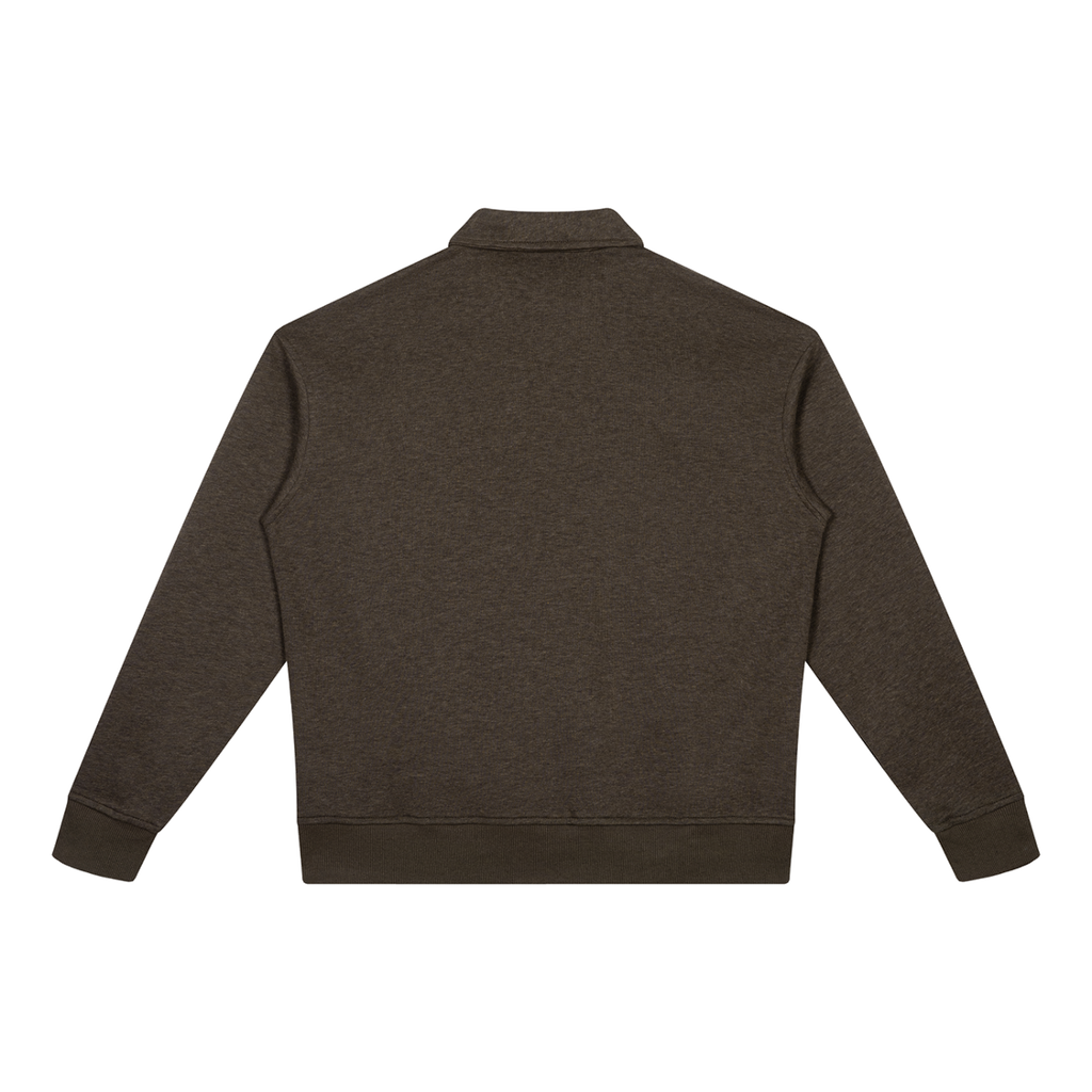 MIROLYUB Aperture boxy quarter-zip sweatshirt in Coffee, back view.