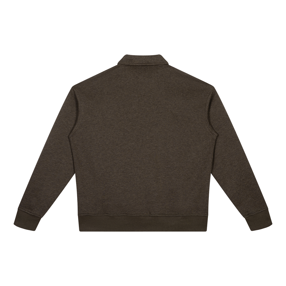 MIROLYUB Aperture boxy quarter-zip sweatshirt in Coffee, back view.