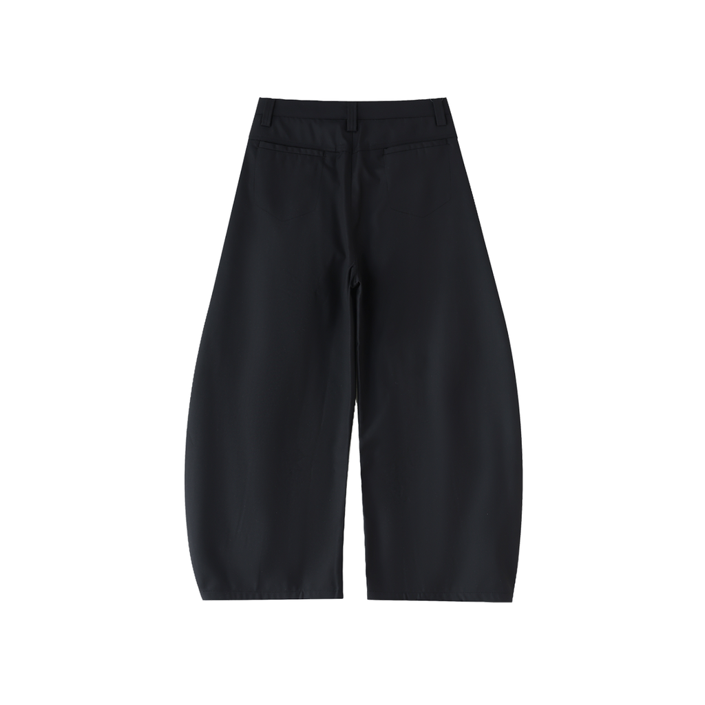 MIROLYUB Contour barrel dress trousers in Black, back view.