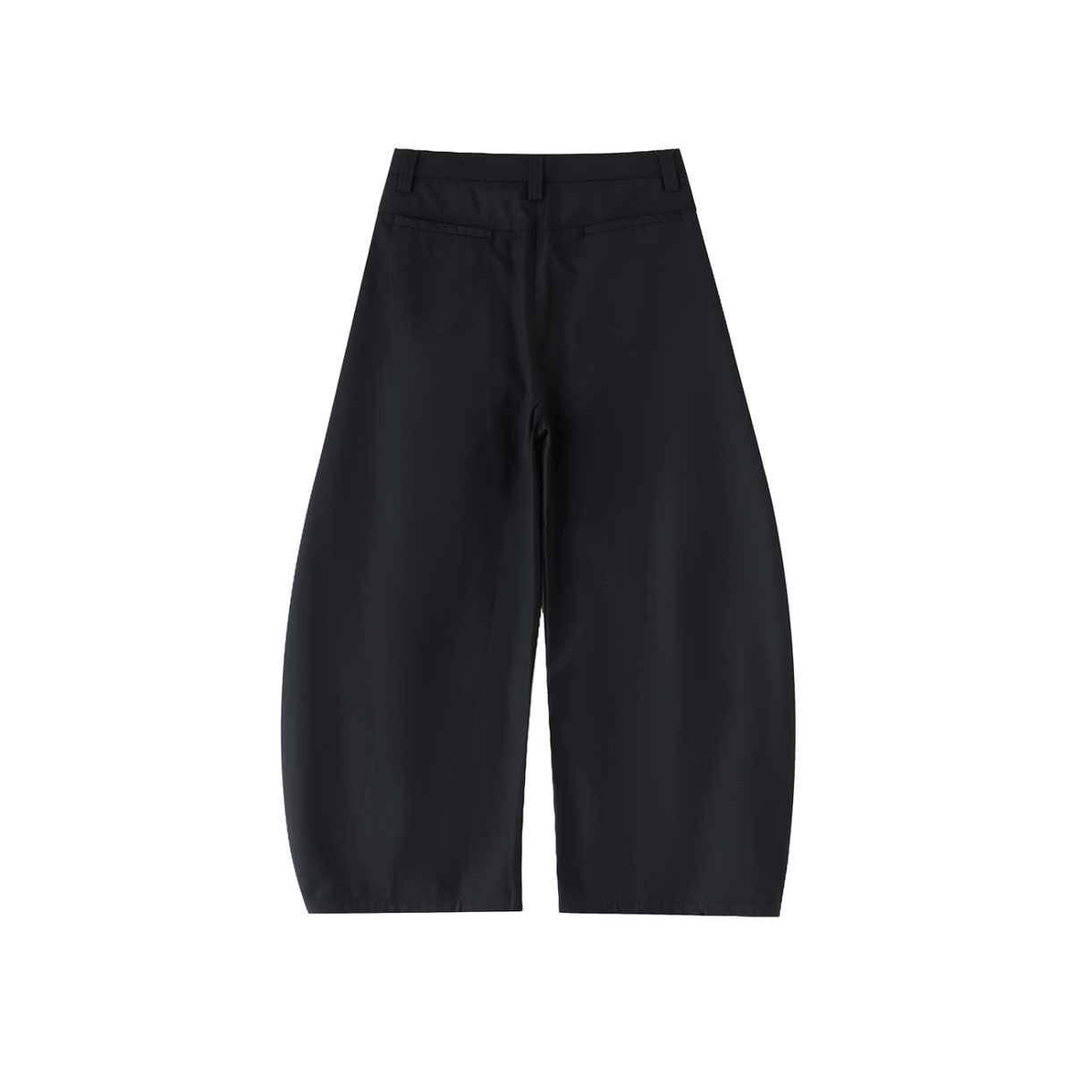 MIROLYUB Contour barrel dress trousers in Black, back view.