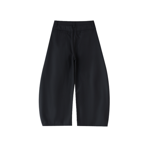 MIROLYUB Contour barrel dress trousers in Black, back view.