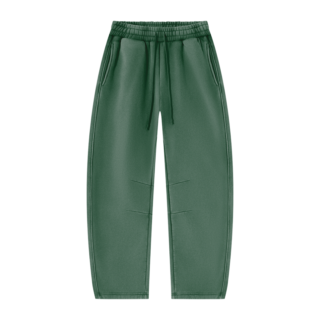 MIROLYUB Arc Vintage-Wash Barrel Fleece Pants in Dark Green, front view.