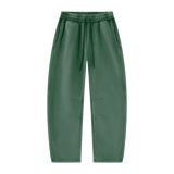 MIROLYUB Arc Vintage-Wash Barrel Fleece Pants in Dark Green, front view.