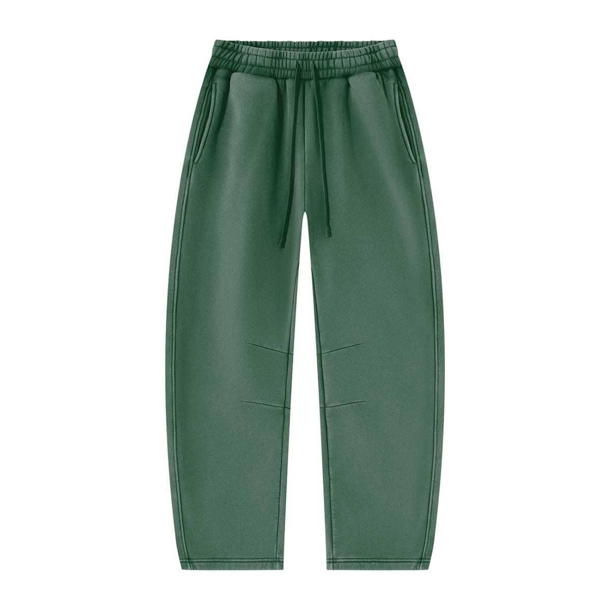 MIROLYUB Arc Vintage-Wash Barrel Fleece Pants in Dark Green, front view.