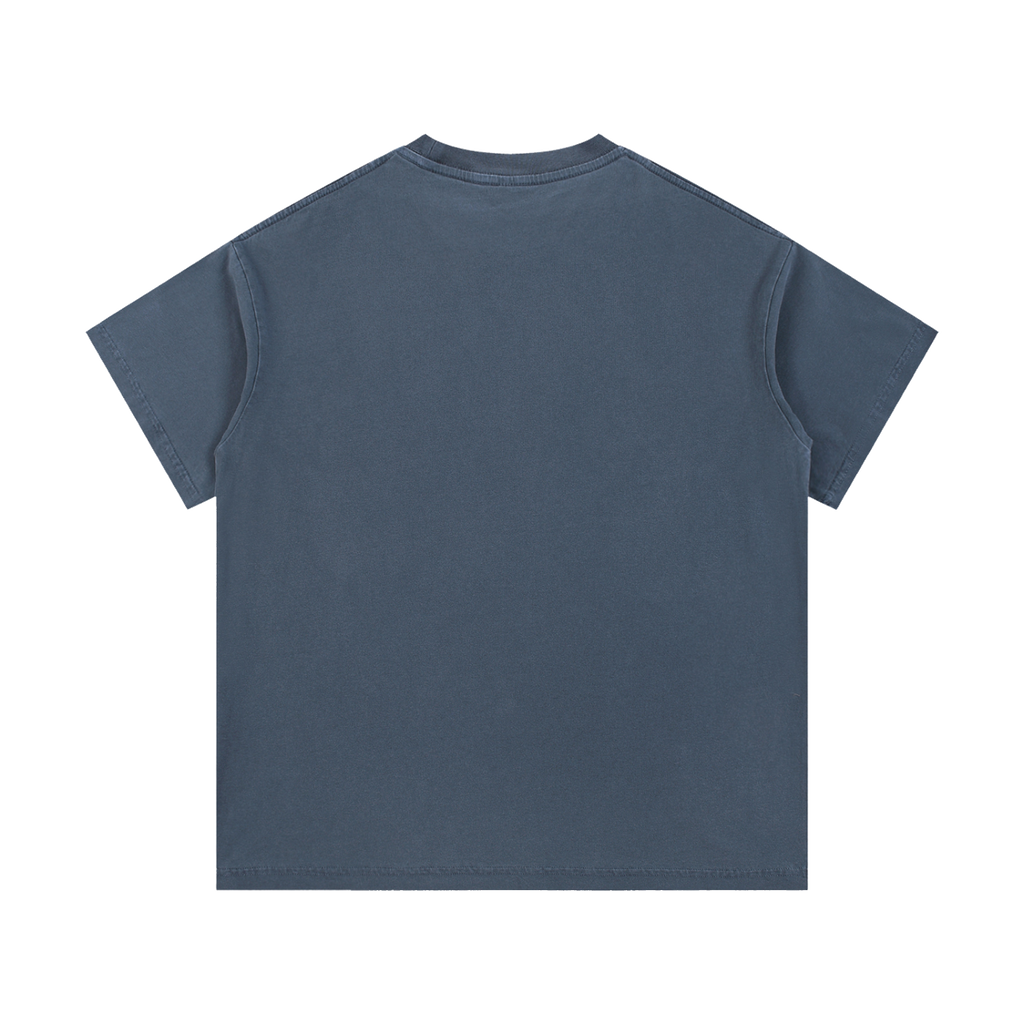 MIROLYUB Palimpsest Vintage-Wash Cotton Tee in Gray Blue, back view.