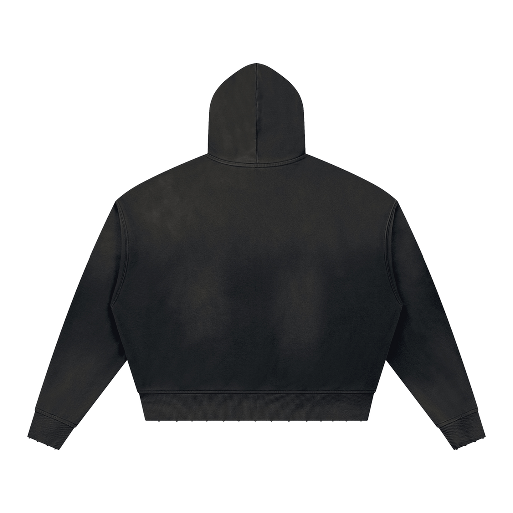 MIROLYUB Unisex Sunfade Distressed Boxy Hoodie — Black, back view
