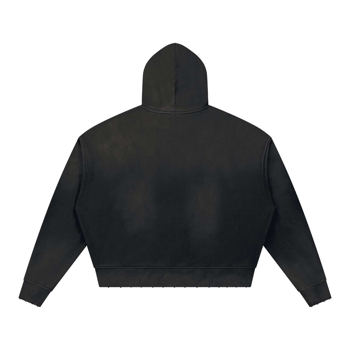 MIROLYUB Unisex Sunfade Distressed Boxy Hoodie — Black, back view