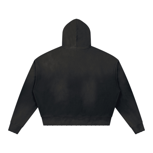 MIROLYUB Unisex Sunfade Distressed Boxy Hoodie — Black, back view
