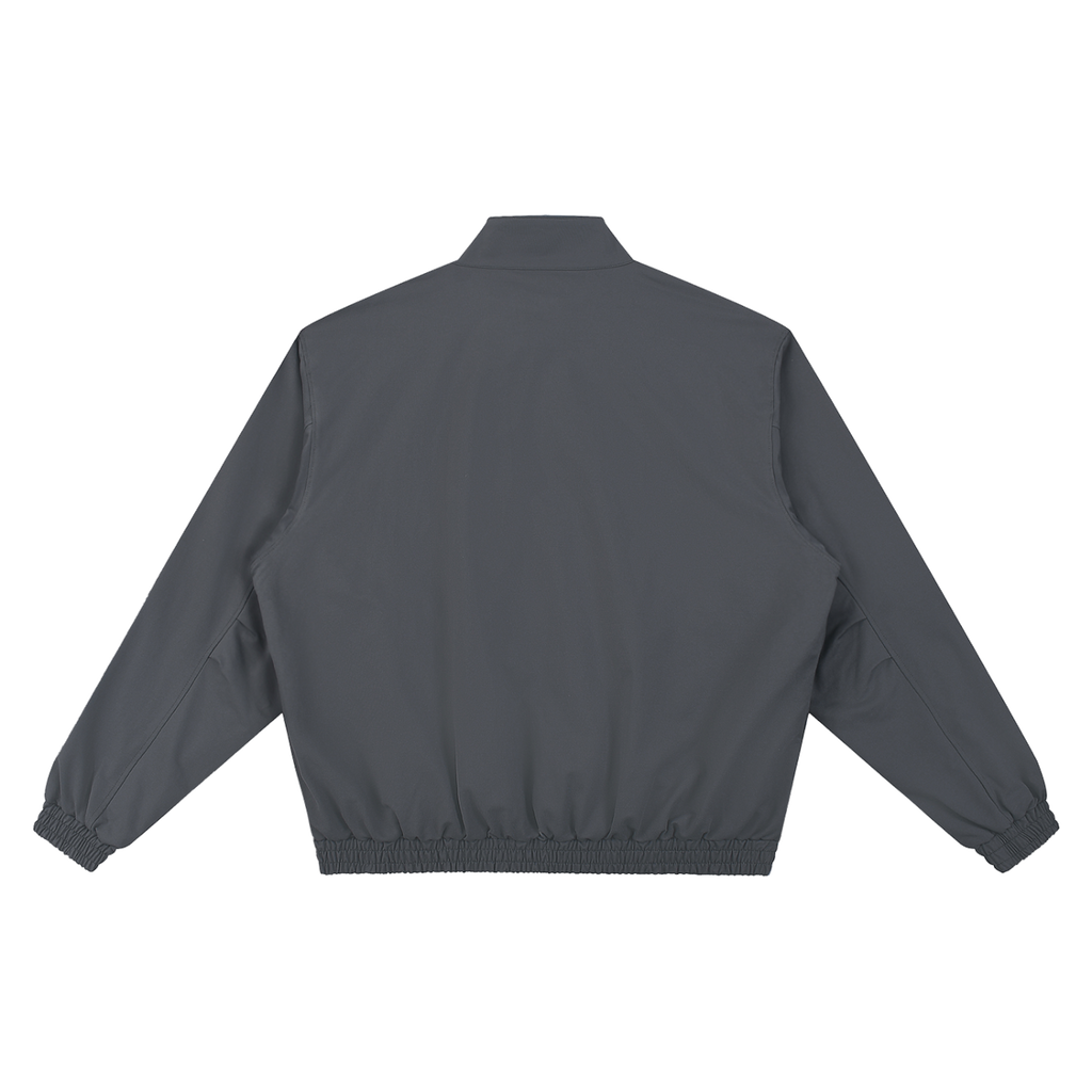 MIROLYUB Transit stand-collar bomber in Dark Gray, back view.