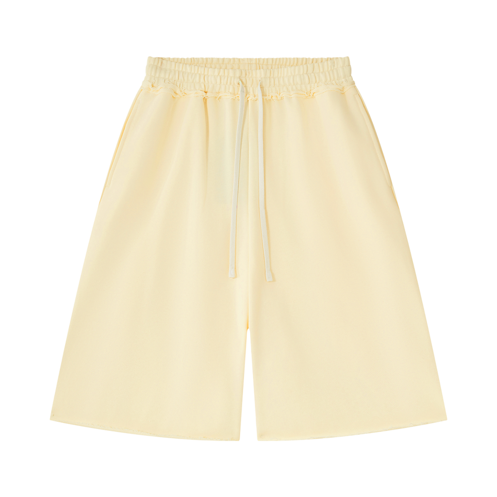 MIROLYUB Unisex Heavyweight Raw Edge Shorts — Apricot, front view