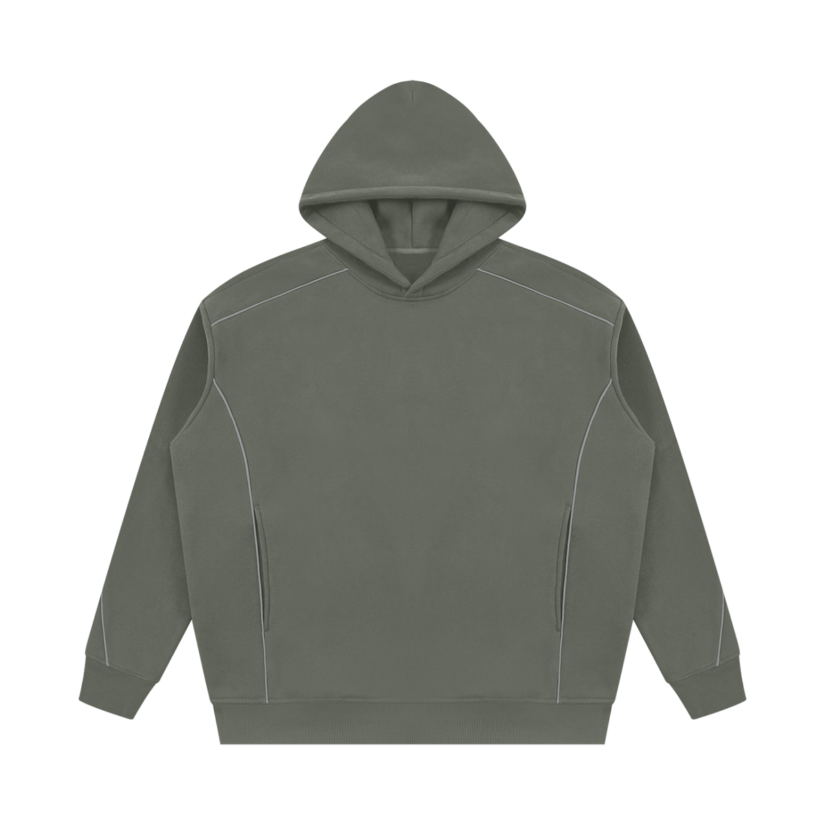 MIROLYUB Hush Oversized Piping Hoodie in Medium Gray, front view.