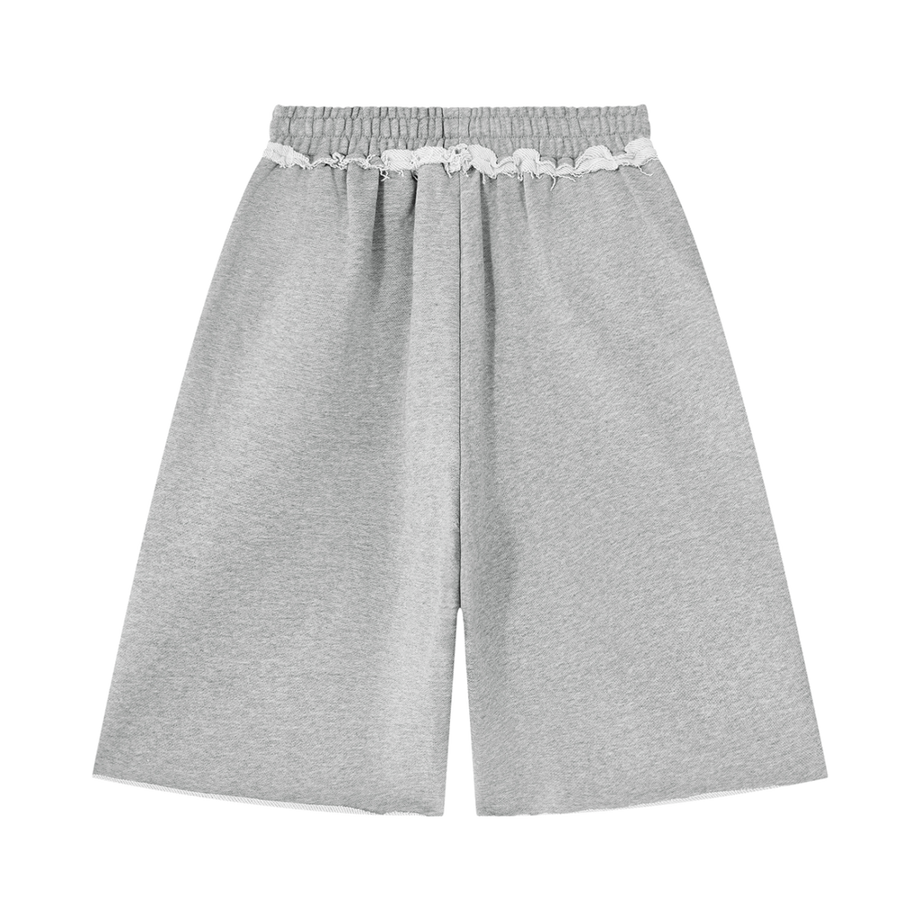 MIROLYUB Unisex Heavyweight Raw Edge Shorts — Flower Gray, back view