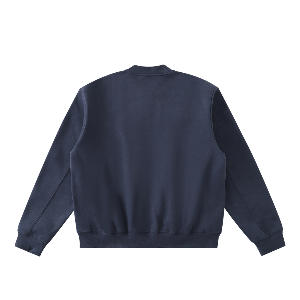 MIROLYUB Nocturne fleece zip varsity jacket in Dark Blue, back view.
