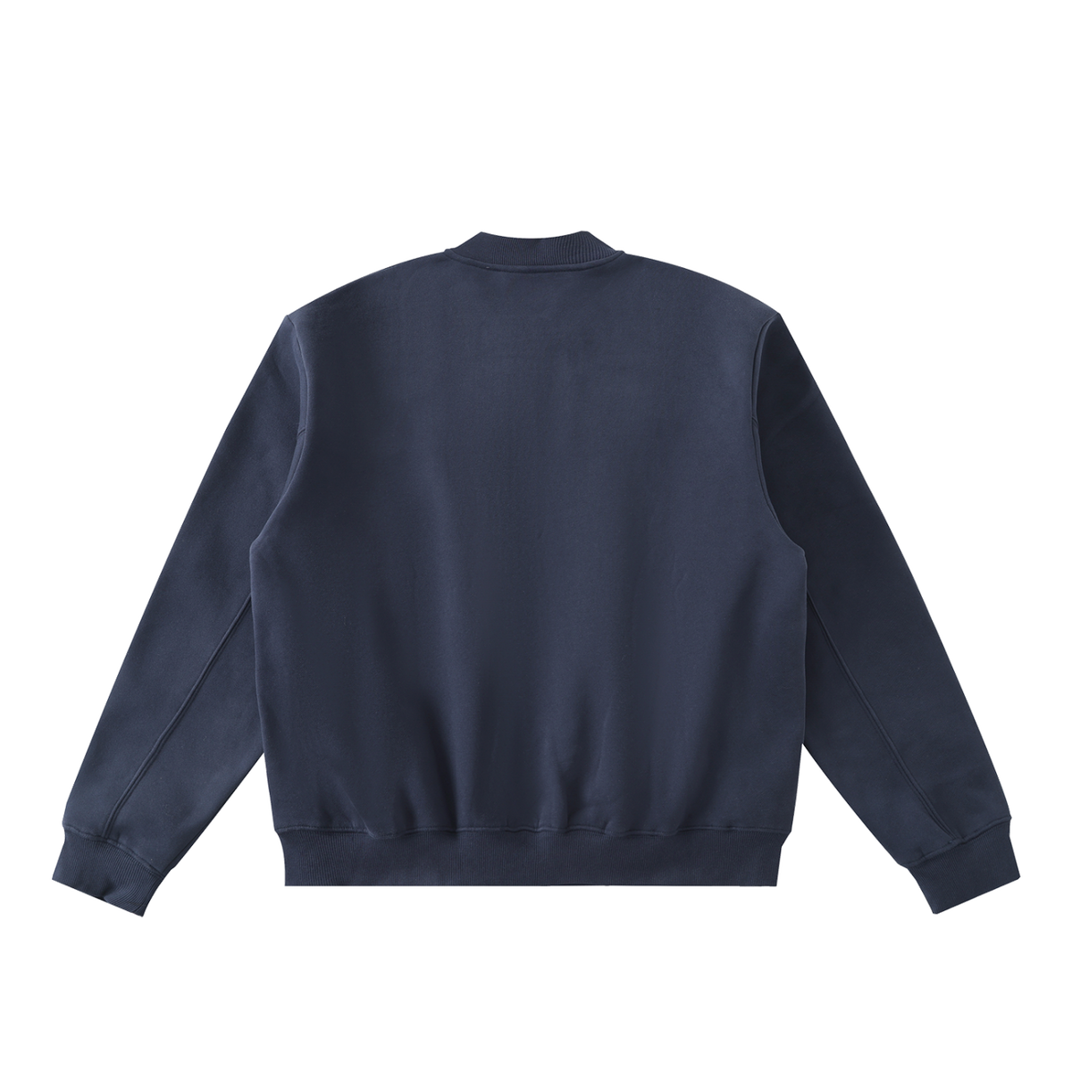 MIROLYUB Nocturne fleece zip varsity jacket in Dark Blue, back view.