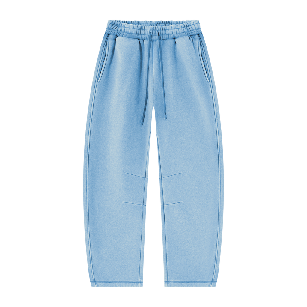 MIROLYUB Arc Vintage-Wash Barrel Fleece Pants in Light Blue, front view.