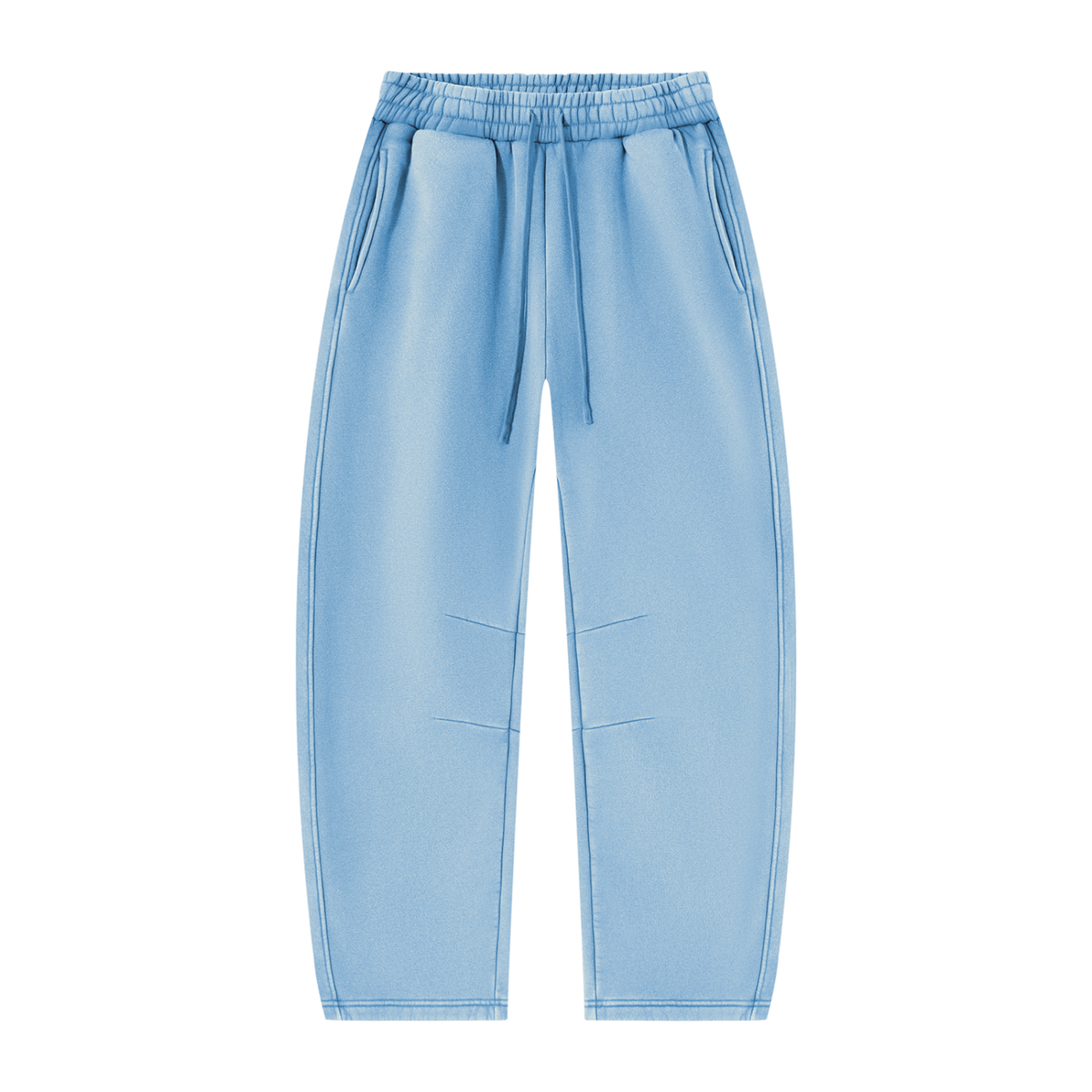 MIROLYUB Arc Vintage-Wash Barrel Fleece Pants in Light Blue, front view.