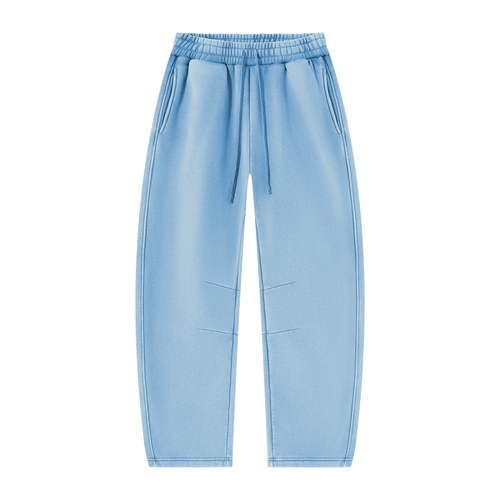 MIROLYUB Arc Vintage-Wash Barrel Fleece Pants in Light Blue, front view.