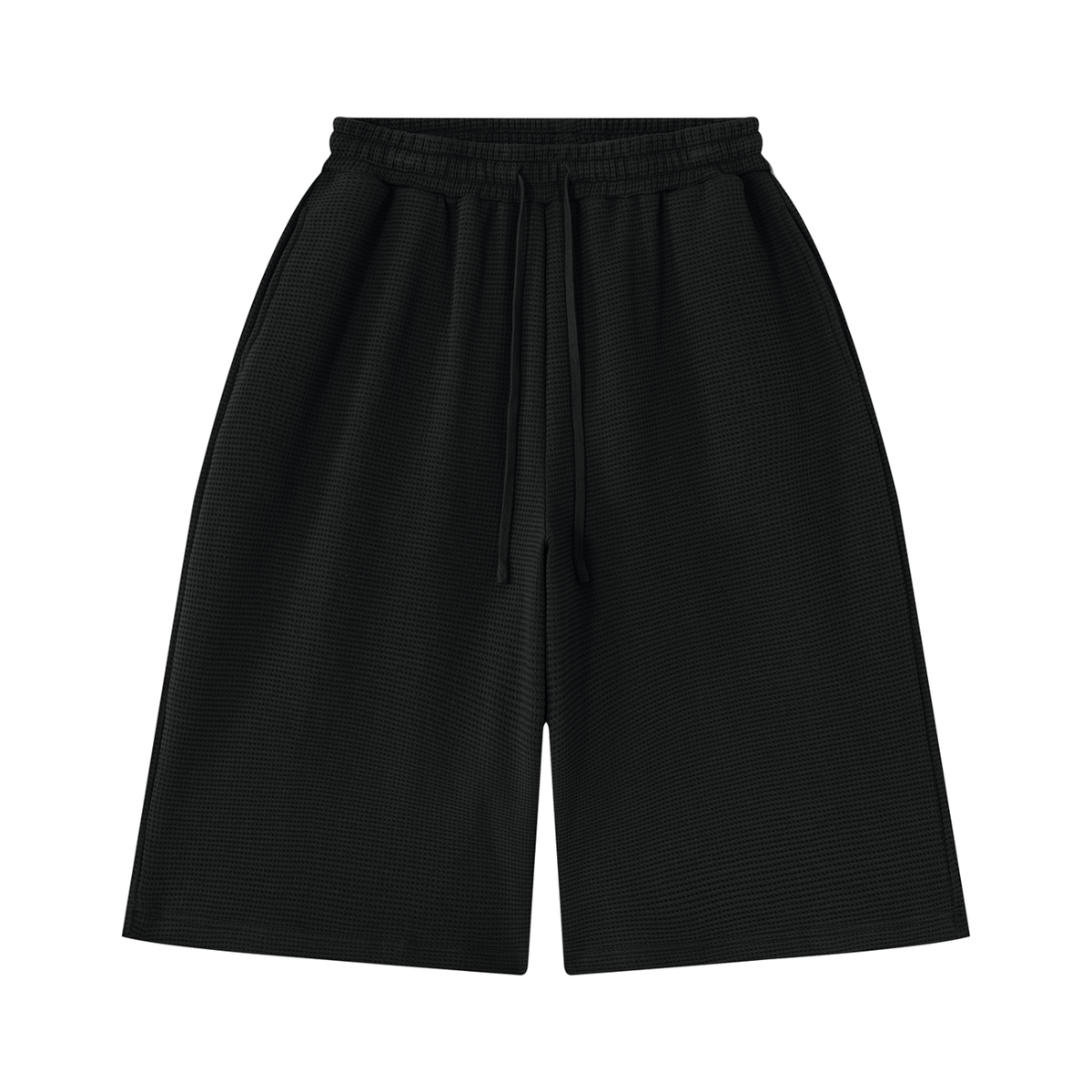 MIROLYUB Lattice Waffle Shorts in Black, front view.
