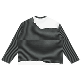 MIROLYUB Unisex Striped Panel Boxy Long Sleeve T-Shirt — Black with Flower Gray, back view