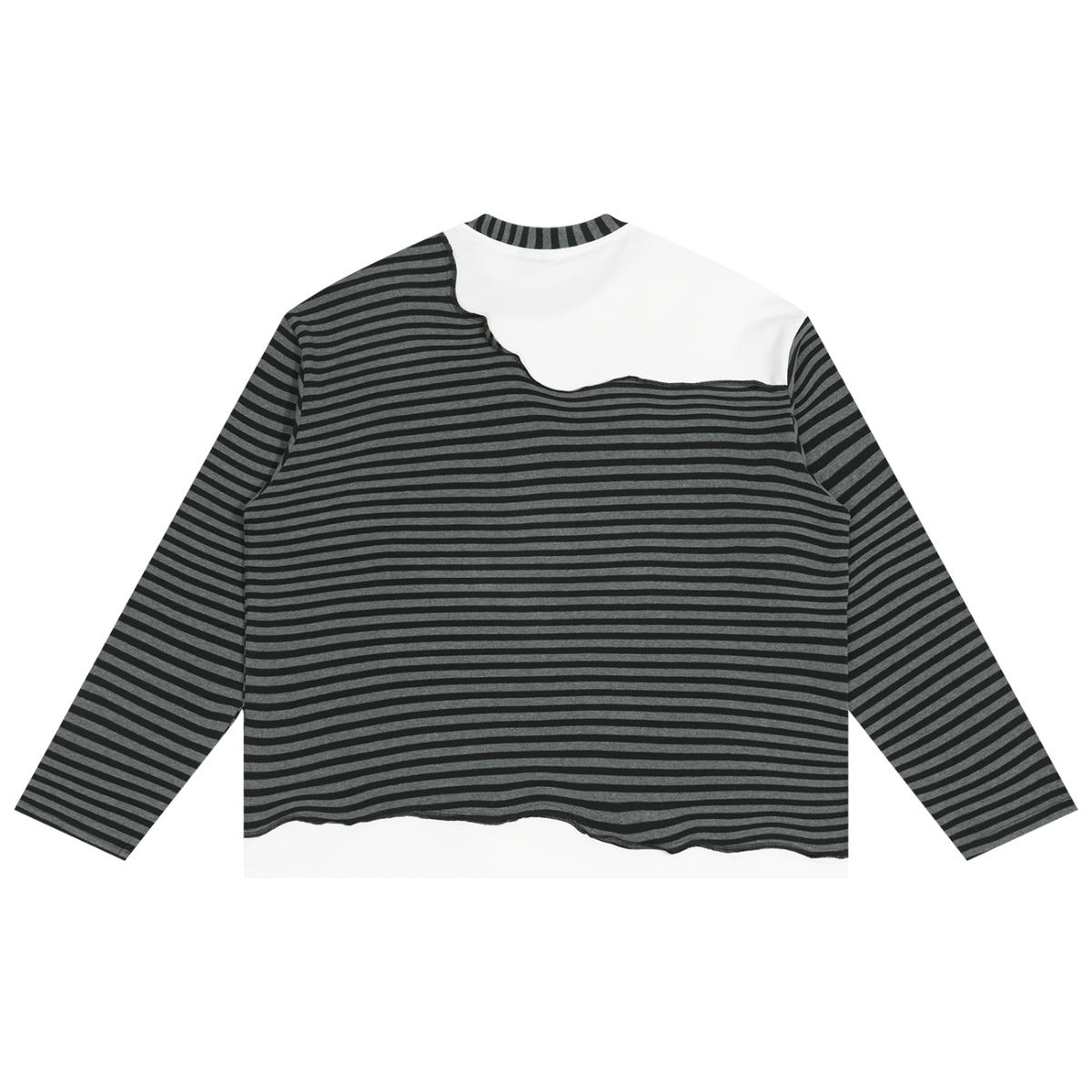 MIROLYUB Unisex Striped Panel Boxy Long Sleeve T-Shirt — Black with Flower Gray, back view